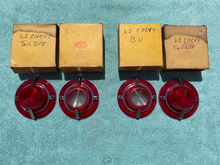 Load image into Gallery viewer, 1962 Chevrolet Biscayne Bel Air NORS Complete Set of Back Up and Tail Lamp Lenses w/ Trim