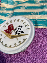 Load image into Gallery viewer, 1956 1957 Chevrolet Corvette C1 NOS Hood / Trunk Deck Lid Emblem PAIR #3725754