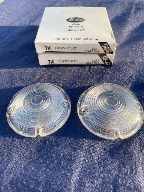 1957 Chevrolet 150 210 Bel Air NORS CLEAR Park Light Lamp Turn Signal Lens Pair (OEM #5947754)