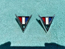 Load image into Gallery viewer, 1964 Chevrolet Bel Air Biscayne Impala V8 283ci NEW Front Fender "V" Emblem PAIR #3840317
